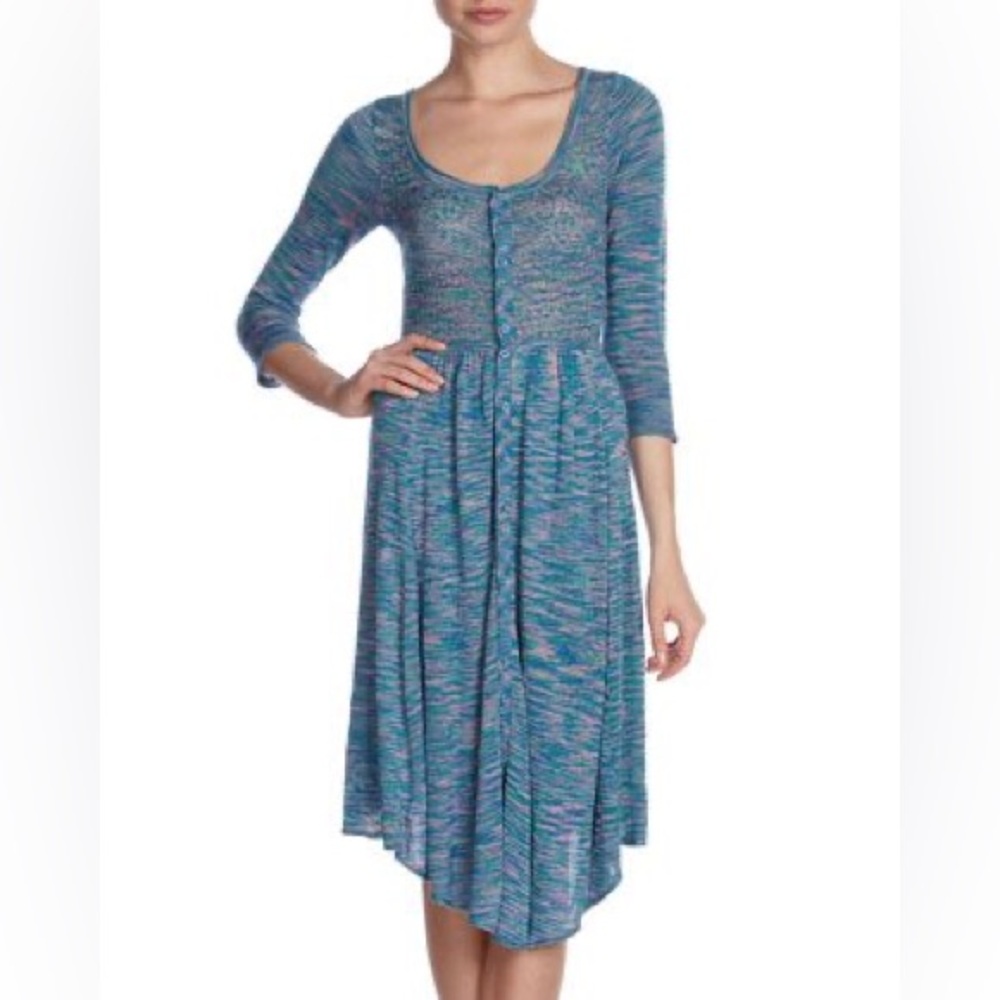 EUC Free People Space Dye Henley Midi Knit Sweater Dress in Ocean Combo XS